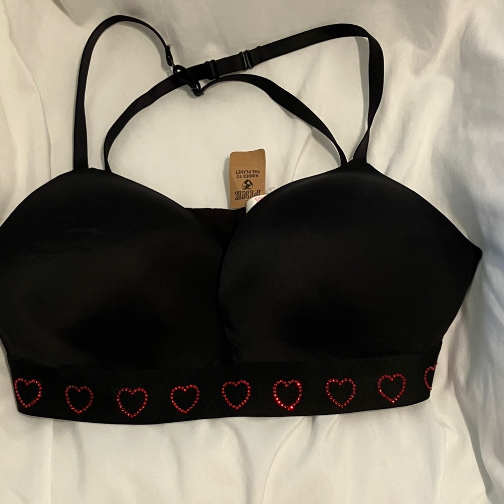 PINK Victoria's Secret Black Bra with Red Heart Accents